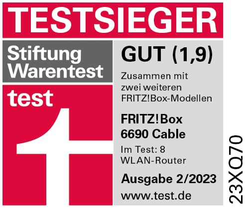 FRITZ!Box 6690 Cable | Router für einen Kabelanschluss (DOCSIS 3.1-Kabel-Modem, 4x4 Wi-Fi 6 (WLAN AX) mit 4.800 MBit/s (5 GHz) + 1.200 MBit/s (2,4 GHz), 1x 2,5-Gigabit-LAN-Anschluss, USB 3.0, DECT)