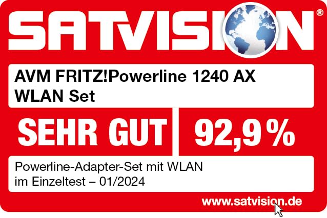FRITZ!Powerline 1240 AX WLAN Set (Gigabit-Powerline mit Wi-Fi 6, WLAN-Access Point, ideal für Media-Streaming, HD-Videos, Internet-TV, 1.200 MBit/s, deutschsprachige Version)