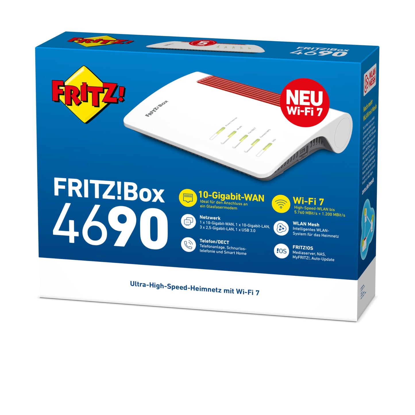 Fritz!Box 4690 (Wi-Fi 7 Mesh Router, für den Kabel-, DSL- oder Glasfaseranschluss, bis zu 6.960 MBit/s, 1x 10-Gigabit-WAN, 1x 10-Gigabit-LAN, 3X 2,5-Gigabit-LAN, WLAN Mesh, deutschsprachige Version)