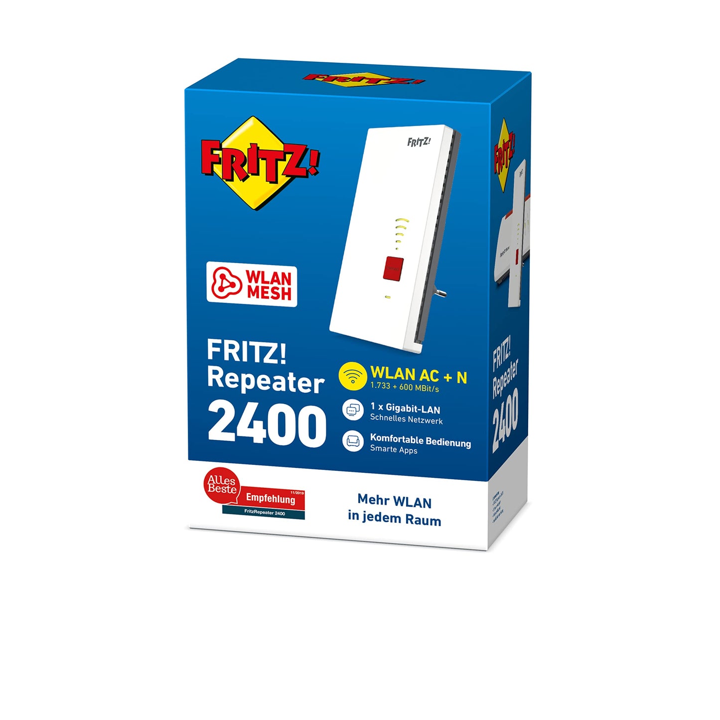 FRITZ!Repeater 2400 (Dual-WLAN AC + N bis zu 1.733 MBit/s (5GHz) + 600 MBit/s(2,4 GHz), 1x Gigabit-LAN, deutschsprachige Version)