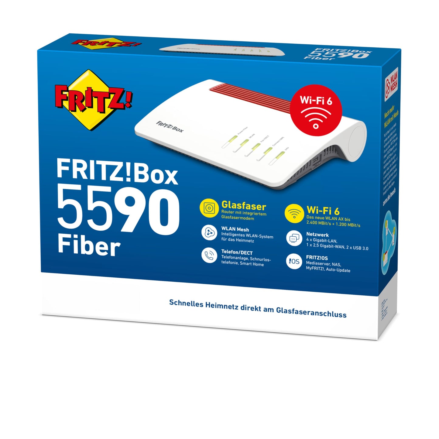 FRITZ!Box 5590 Fiber | Router für einen Glasfaseranschluss (Wi-Fi 6, bis 2.400 MBit/s (5 GHz) und 1.200 MBit/s (2,4 GHz), WLAN Mesh, DECT-Basis, 2,5-Gigabit-LAN-Port, geeignet für Deutschland)