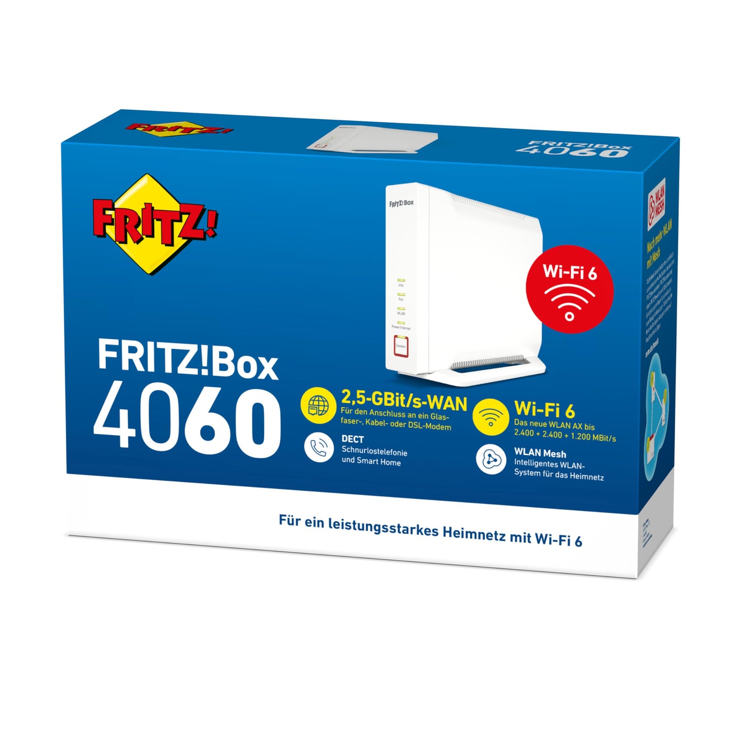 FRITZ!Box 4060 (Wi-Fi 6 Mesh Router, bis zu 4.800 MBit/s (5 GHz) & 1.200 MBit/s (2,4 GHz), 3 x Gigabit-LAN, DECT-Basis, USB 3.0, deutschsprachige Version)