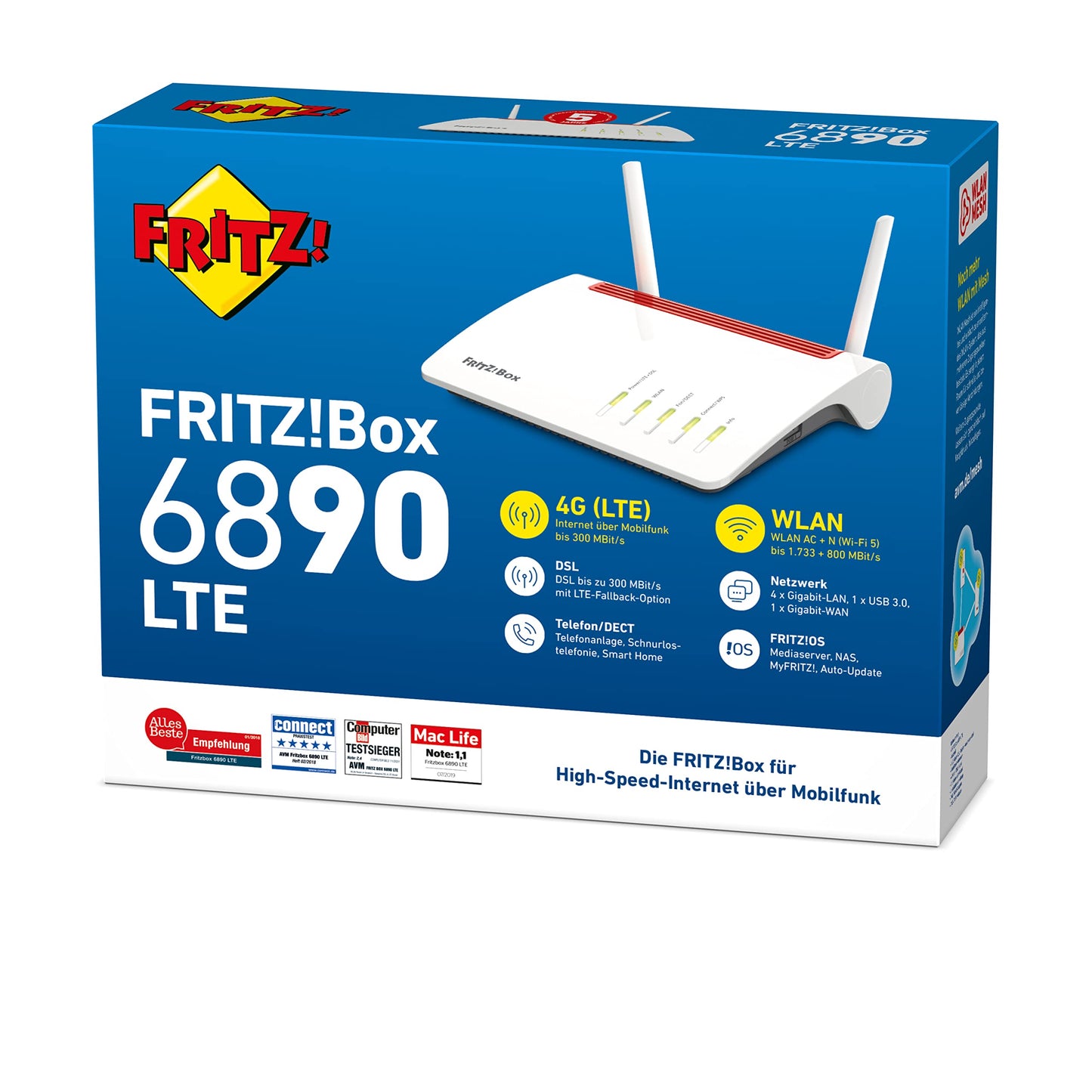 FRITZ!Box 6890 (LTE- oder DSL-Modem, bis 300 MBit/s, WLAN AC+N bis 1.733 (5 GHz) und 800 (2,4 GHz) MBit/s, 4 x Gigabit-LAN), geeignet für Deutschland