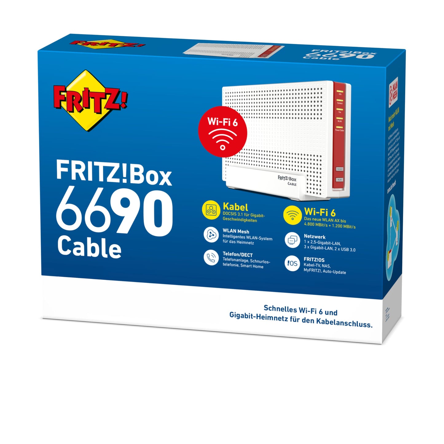 FRITZ!Box 6690 Cable | Router für einen Kabelanschluss (DOCSIS 3.1-Kabel-Modem, 4x4 Wi-Fi 6 (WLAN AX) mit 4.800 MBit/s (5 GHz) + 1.200 MBit/s (2,4 GHz), 1x 2,5-Gigabit-LAN-Anschluss, USB 3.0, DECT)
