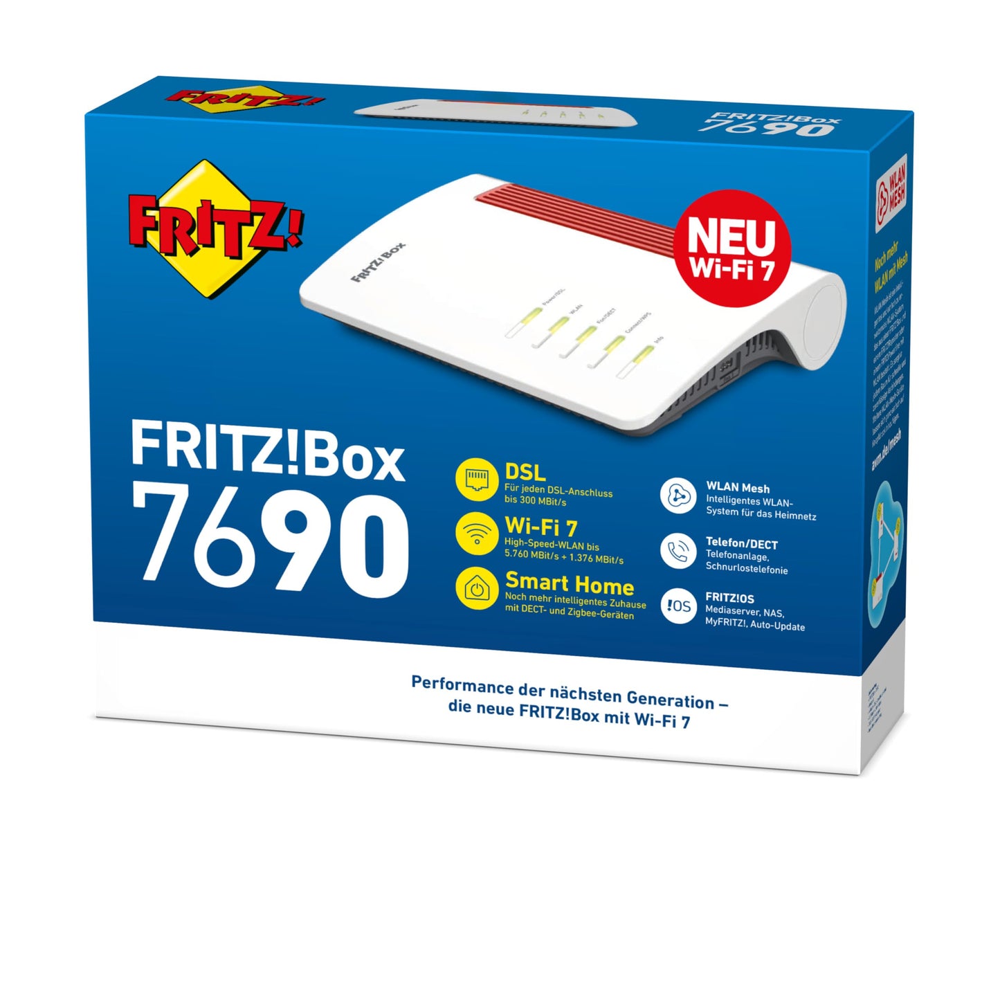 FRITZ!Box 7690 (Wi-Fi 7 DSL-Router mit 5.760 MBit/s (5GHz) & 1.376 MBit/s (2,4 GHz), bis zu 300 MBit/s mit VDSL-Supervectoring und ADSL2+, WLAN Mesh, DECT-Basis, deutschsprachige Version)